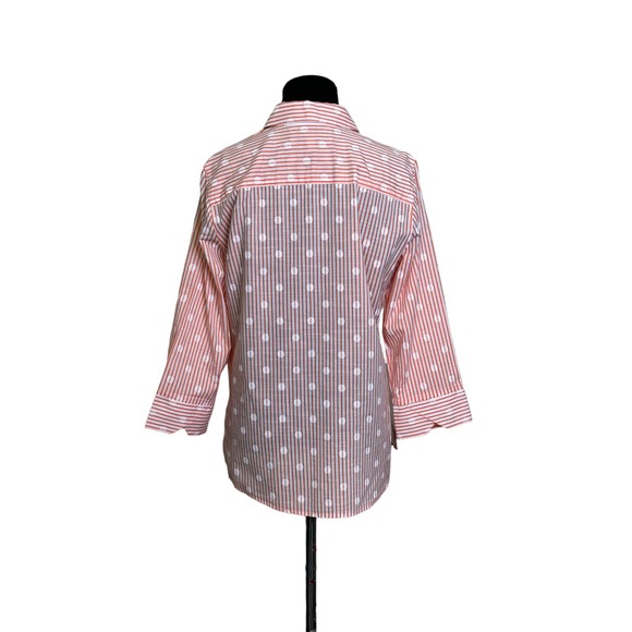 Foxcroft orange white striped polka dots 3/4 sleeves button shaped shirt size 8 - Picture 9 of 11